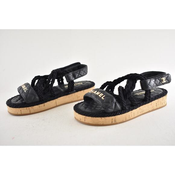 Chanel REV Black Gold Cord Rope CC Quilted Mule Ankle Strap Dad Sandal Flat 36 - Picture 12 of 14